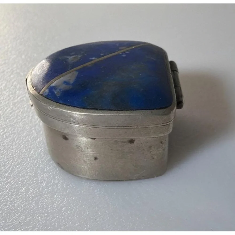 Lapis Lazuli Ring Pill Trinket Box Silver Metal Trim & Hinged Lid Pyrite Flecks